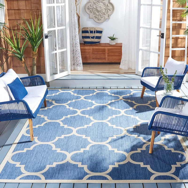 Safavieh Trellis Indoor/Outdoor Woven Square Area Rug, Courtyard Collection, CY6243, in Blue / Beige, 160 X 160 cm for Garden, Patio or Any Outdoor Space