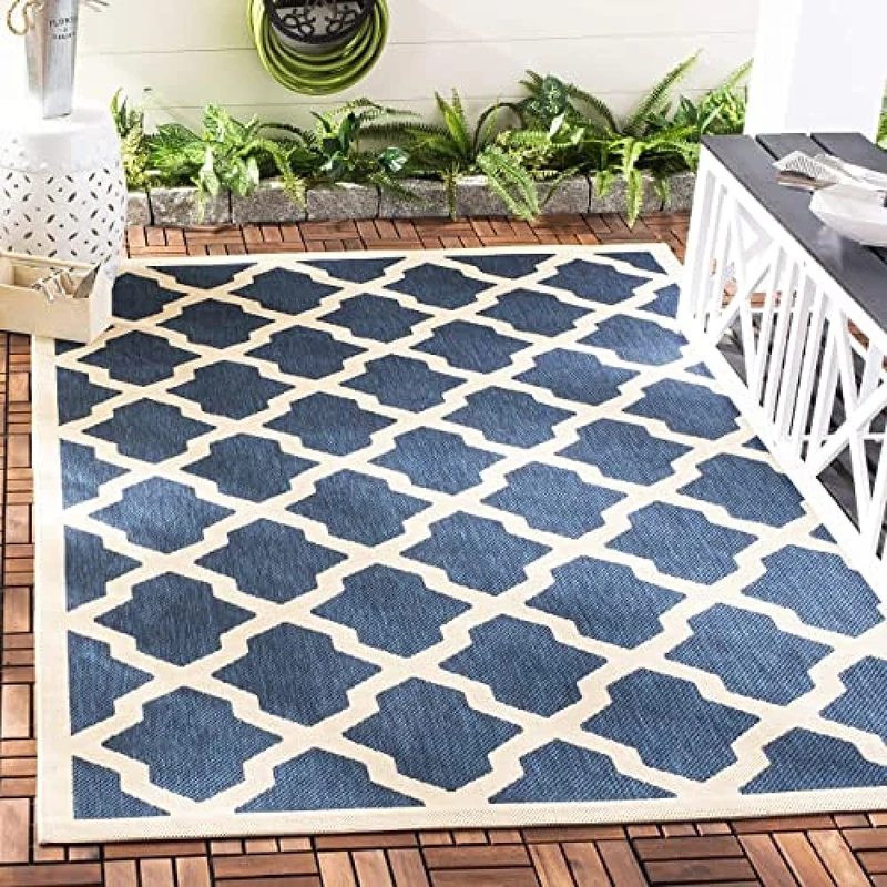 Safavieh Trellis Indoor/Outdoor Woven Square Area Rug, Courtyard Collection, CY6903, in Navy / Beige, 160 X 160 cm for Garden, Patio or Any Outdoor Space
