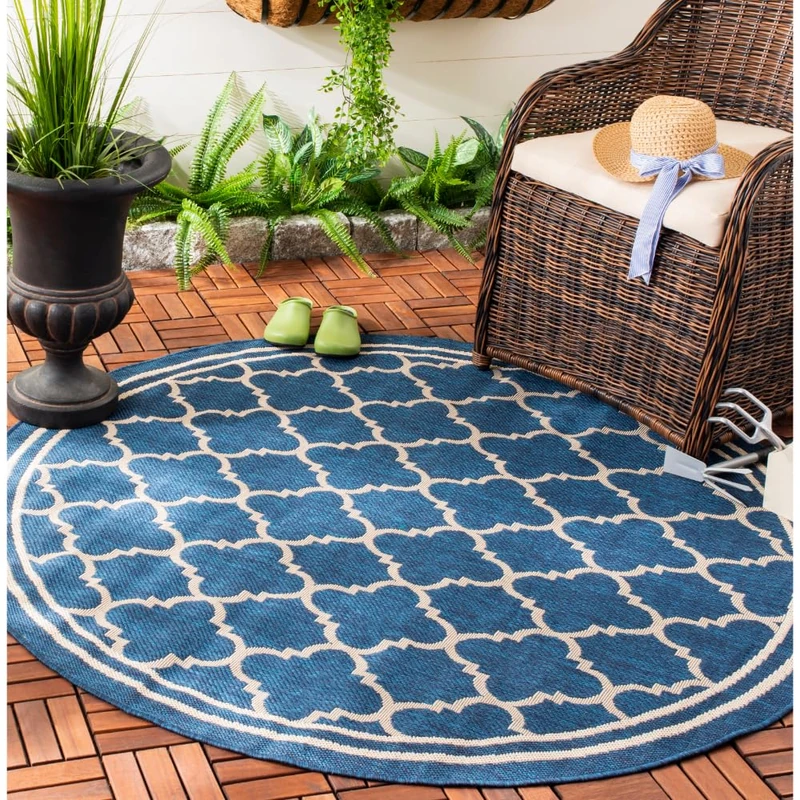 Safavieh Trellis Indoor/Outdoor Woven Round Area Rug, Courtyard Collection, CY6918, in Navy / Beige, 160 X 160 cm for Garden, Patio or Any Outdoor Space