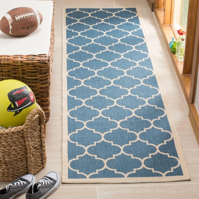 Safavieh Trellis Indoor/Outdoor Woven Runner Area Rug, Courtyard Collection, CY6914, in Blue / Beige, 69 X 244 cm for Garden, Patio or Any Outdoor Space