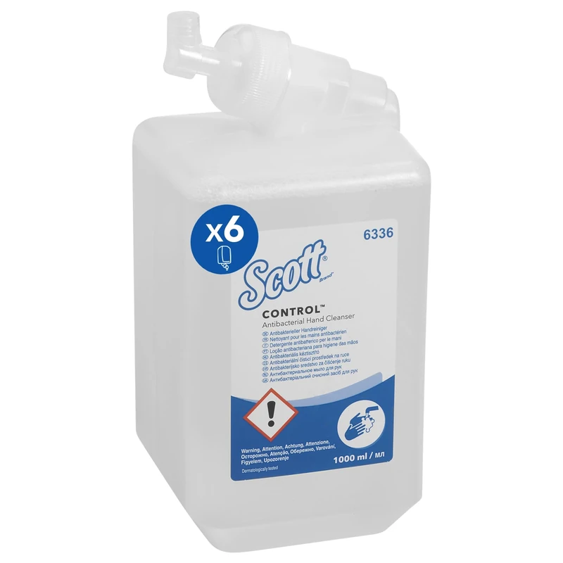 Scott® ControlTM Antibacterial Hand Cleanser 6336, Fragrance-Free, Dermatologically Tested Soap for High-Hygiene Areas, 6 x 1L Refill Cassettes (6L Total)