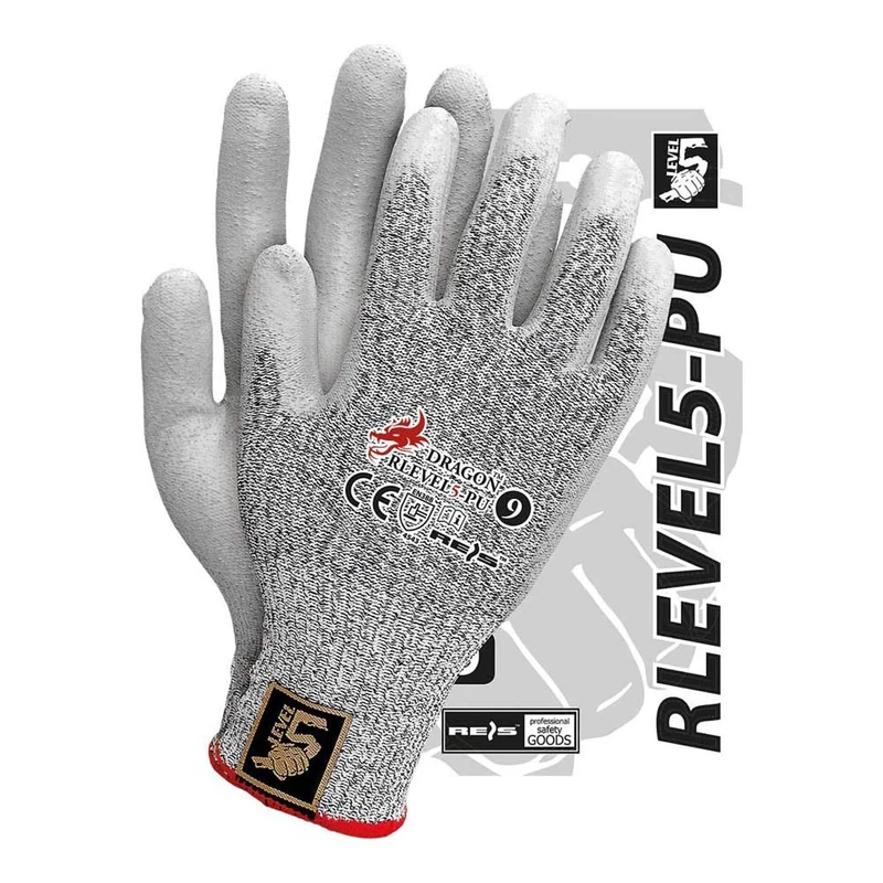 Reis RLEVEL5-PU_9 Dragon Protective Gloves, Black-White-Grey, 9 Size, Pack of 12