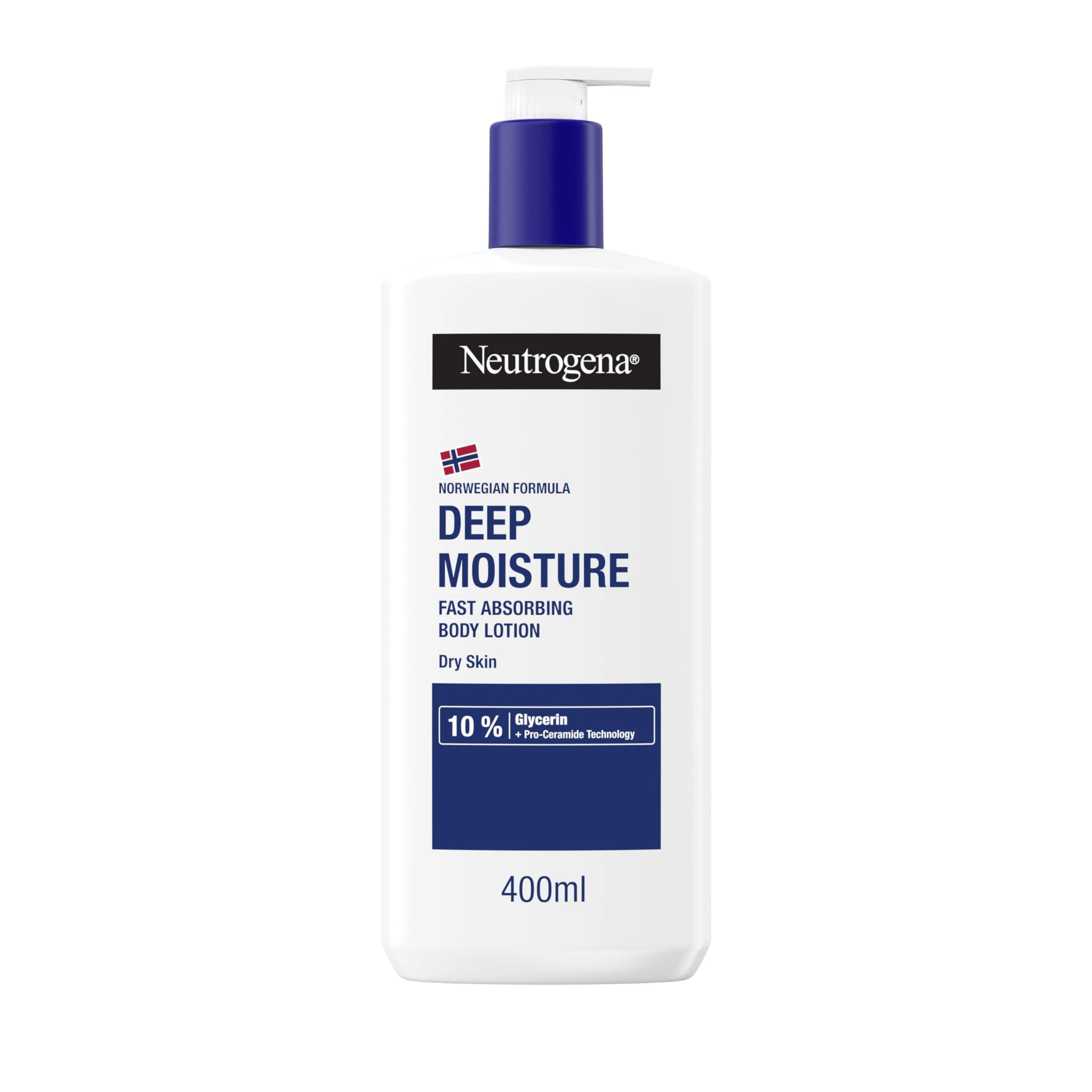 Neutrogena Norwegian Formula Deep Moisture Fast-Absorbing Body Lotion 400ml, Non-Greasy Body Moisturiser for Dry Skin with 10% Glycerine and Pro-Ceramide Technology, Provides 72-Hour Moisturisation