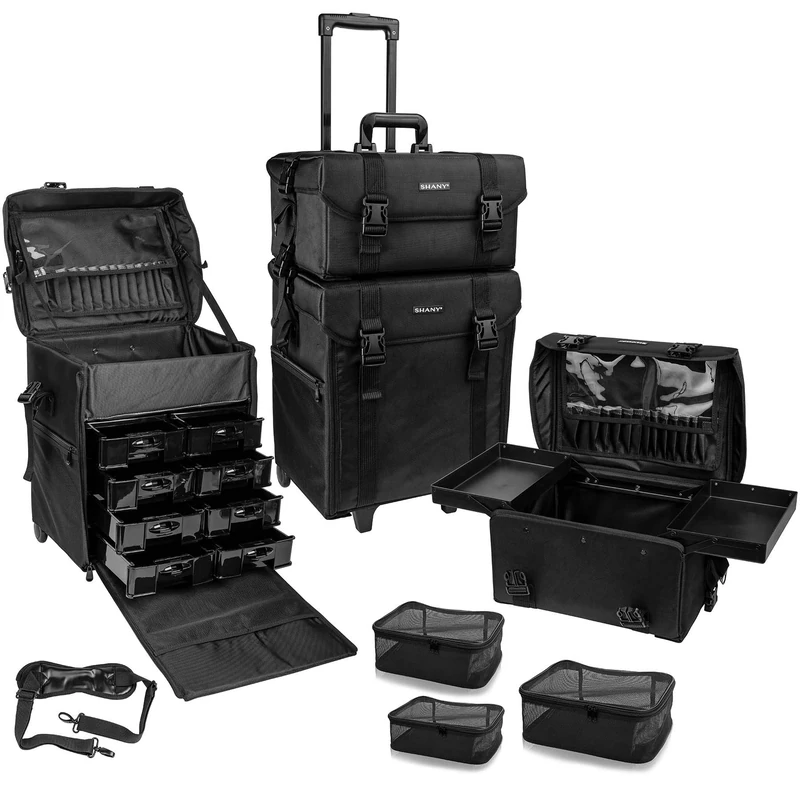 SHANY Cosmetics 2 Compartment Soft Black Rolling Trolley Makeup Case with Free 3 Piece Organizer Mesh Bags, 28 Inch