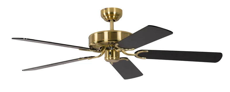Pepeo Potkuri 52 inch / 132 cm Reversible Ceiling Fan without Lights in Satin Brass with Black Blades and Pull Cord
