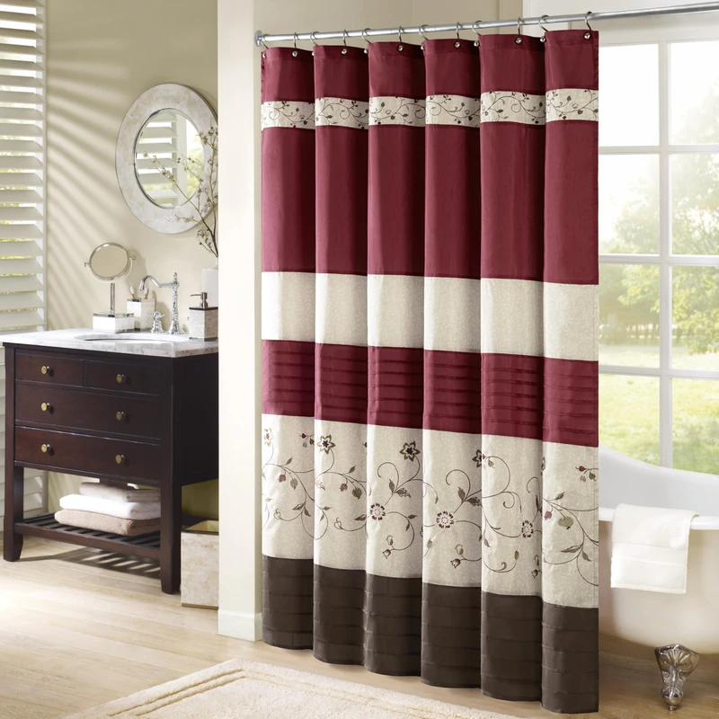 Madison Park Serene Flora Fabric Shower Curtain, mbroidered Transitional Shower Curtains for Bathroom, 72" x 72", Red