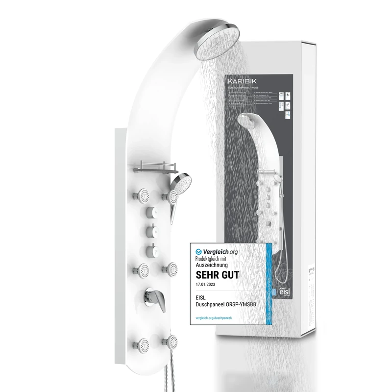 Caribbean Eisl Shower Panel, Wellness Shower Including 6 Massage Jets, Coloured Safety Glass, White, ORSP-YMSBW