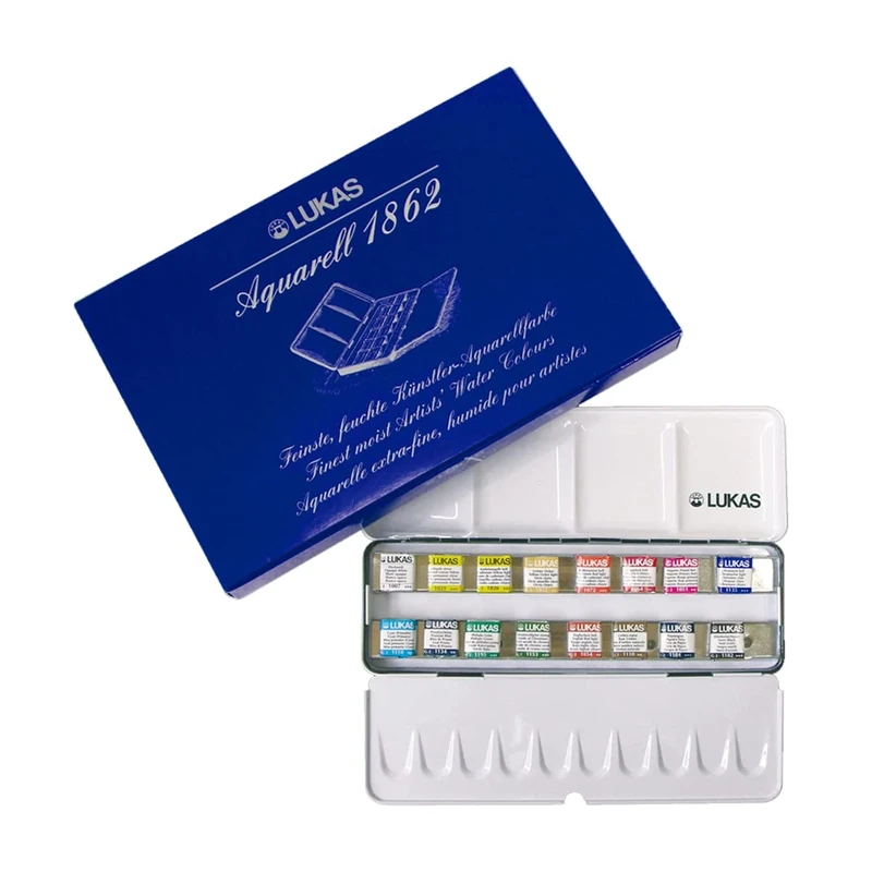 LUKAS 1862 Aquarell Half Pan Metal Box Set, 15 x Half Pan in Assorted Colours, For Professional Watercolour Artists