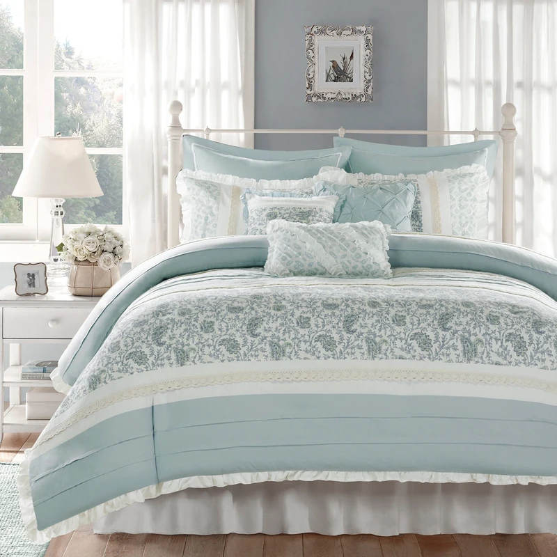 Madison Park Dawn 100% Cotton Duvet Set Floral Shabby Chic Design All Season Comforter Cover Bedding, Matching Shams, Percale Light Weight Bed Comforter Covers, King(104"x92"), Blue 9 Piece, Aqua