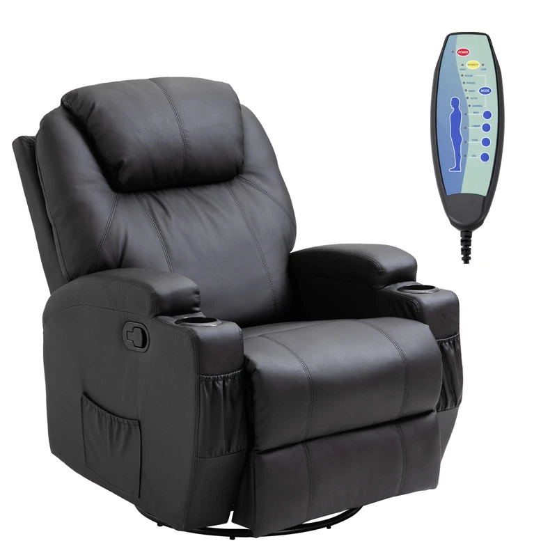 HOMCOM Luxury Leather Recliner Sofa Chair Armchair Cinema Massage Chair Swivel Heated Nursing Gaming Chair Black