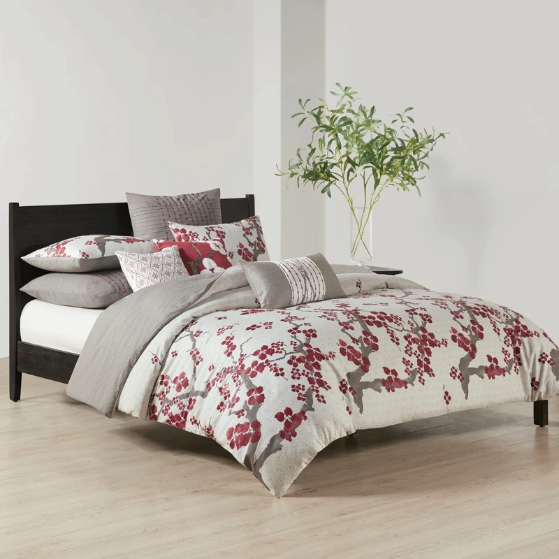 N Natori Blossm King Size-Red, Grey, Cherry Blossom Duvet Set – 3 Piece – 100% Cotton Sateen Light Weight Bed Comforter Covers, King/Cal King(110"x96"), Multi - Image 1