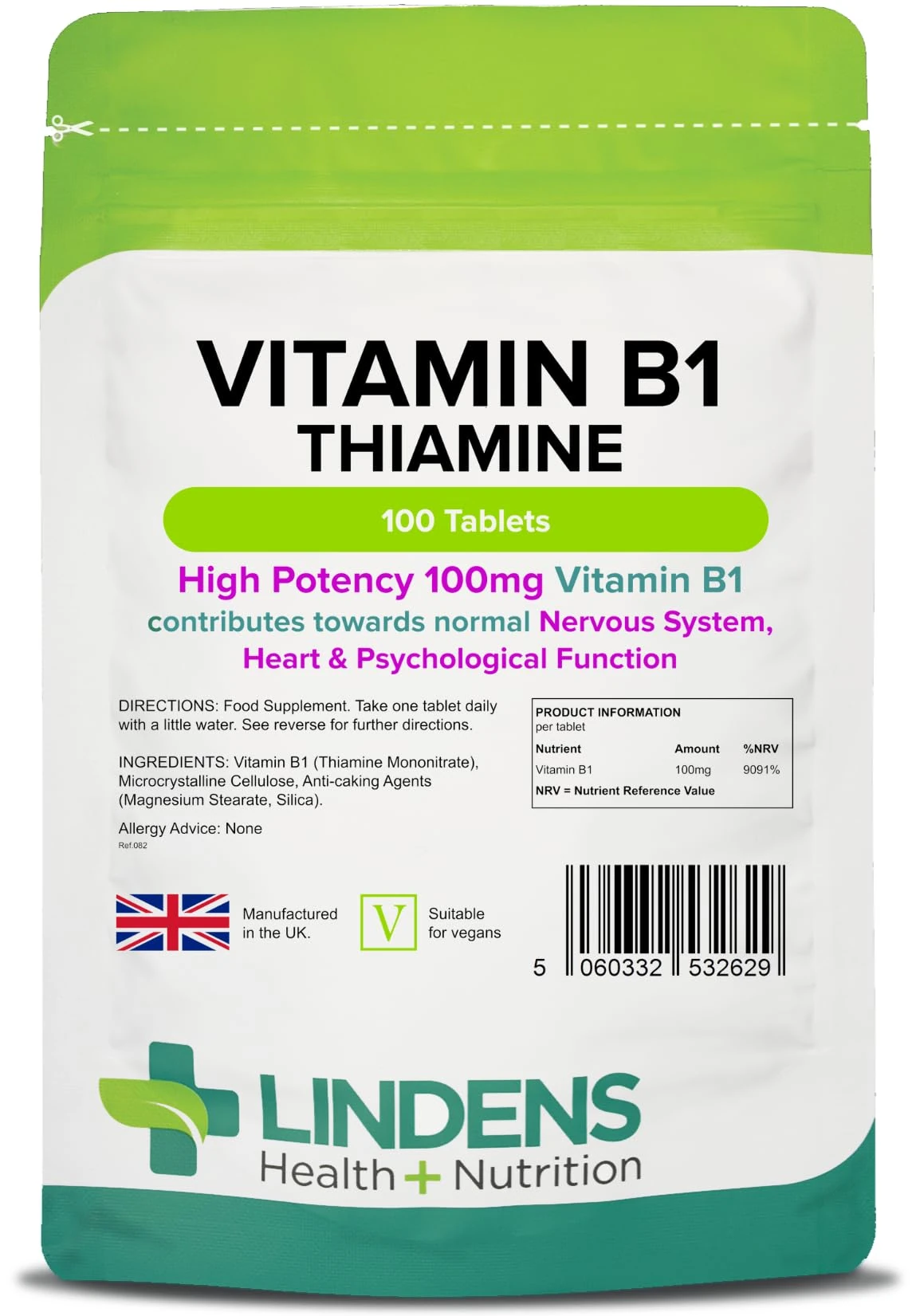 Lindens Vitamin B1 Thiamine Tablets - 100 Pack - for Heart, Immune and Psychological Function & Energy Release - UK Manufacturer, Letterbox Friendly
