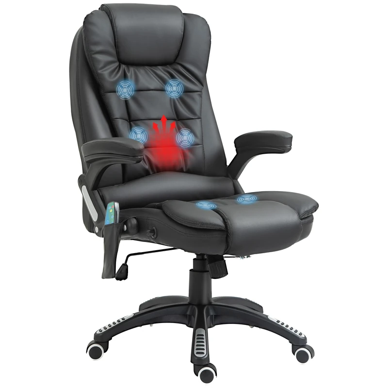 HOMCOM 6-Point Massage Office Chair with Seat Heated for Home Office, PU Leather High Back Executive Desk Chair with Adjustable Height and 360° Swivel for Work Study, Black - Image 1
