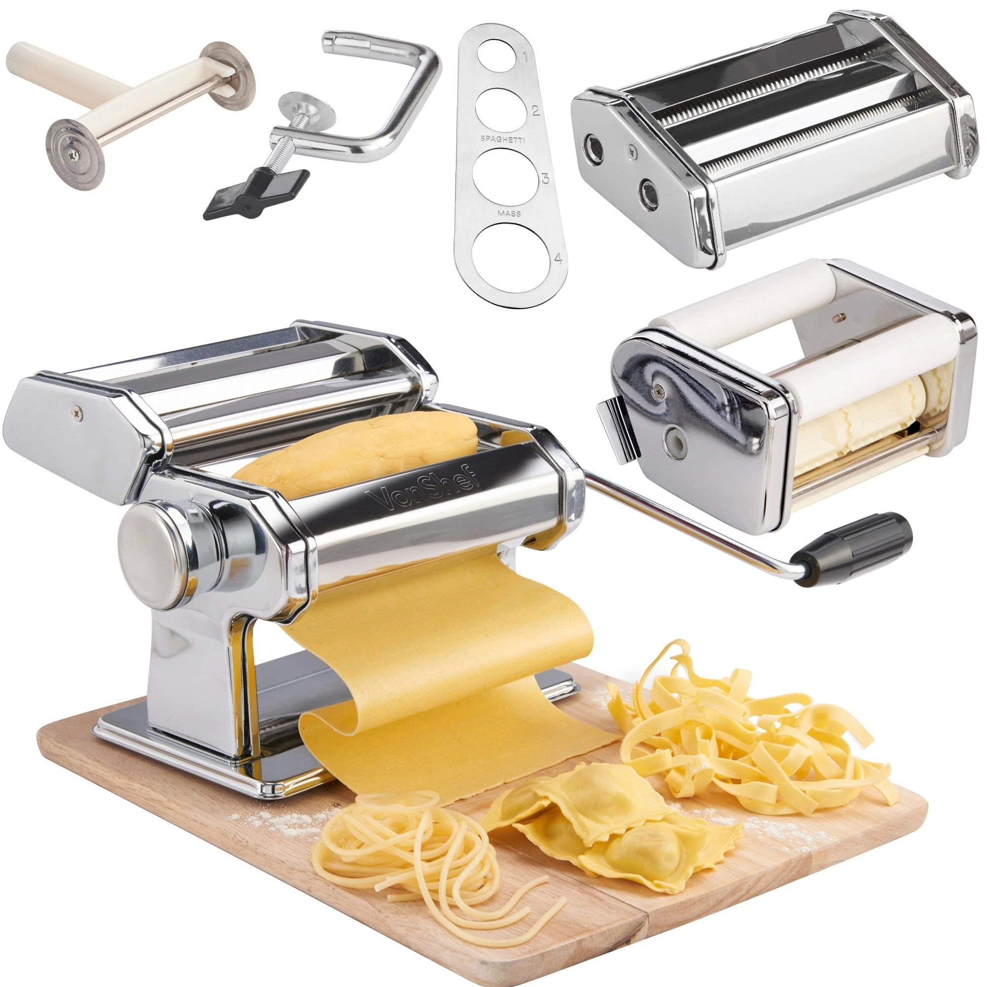 VonShef Manual Pasta Machine, Professional Stainless Steel Pasta Maker with Three Adjustable Crank Rollers & Nine Thickness Settings, Includes Secure Clamp, Pasta Cutter & Spaghetti Measurer