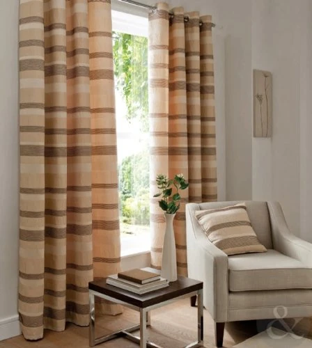 Just Contempo Striped Chenille Lined Eyelet Curtains, Natural, 66x72 inches