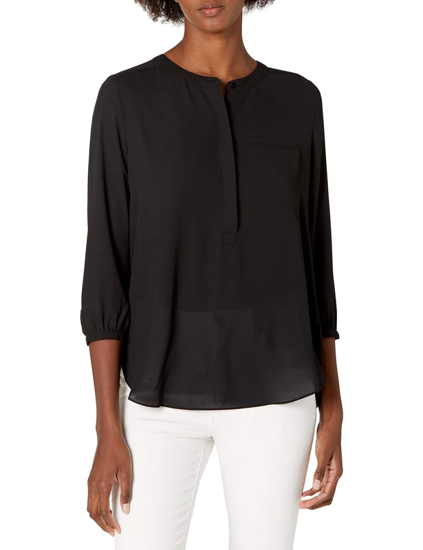NYDJ Women's Solid 3/4 Sleeve Henley Pleat Back Blouse, Black, MD (US 8-10)