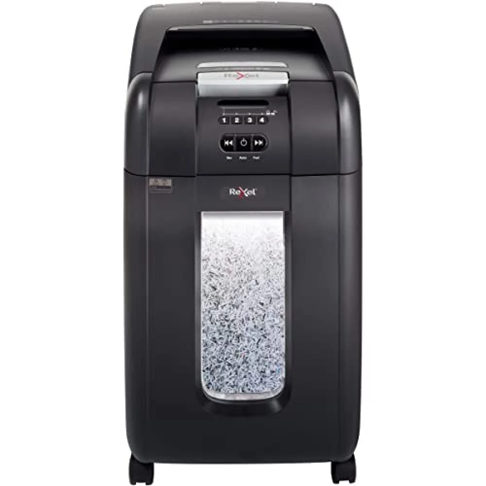 Rexel Auto+ 300M 2104300 Auto Feed 300 Sheet Micro Cut Shredder for Small Office Use (Up to 10 Users), 40 Litre Bin, Includes Shredder Oil Sheets, Black