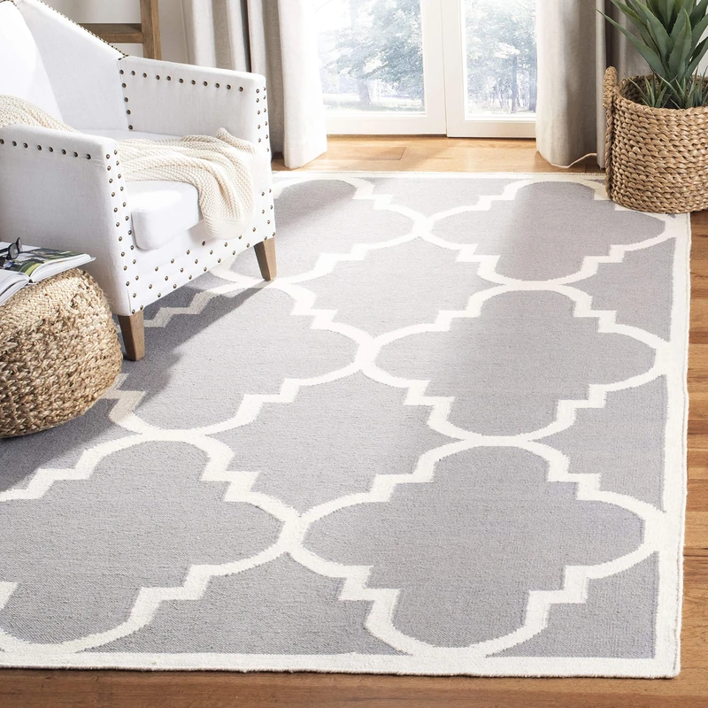 Safavieh Contemporary Indoor Flatweave Rectangle Area Rug, Dhurrie Collection, DHU633, in Grey / Ivory, 152 X 244 cm for Living Room, Bedroom or Any Indoor Space