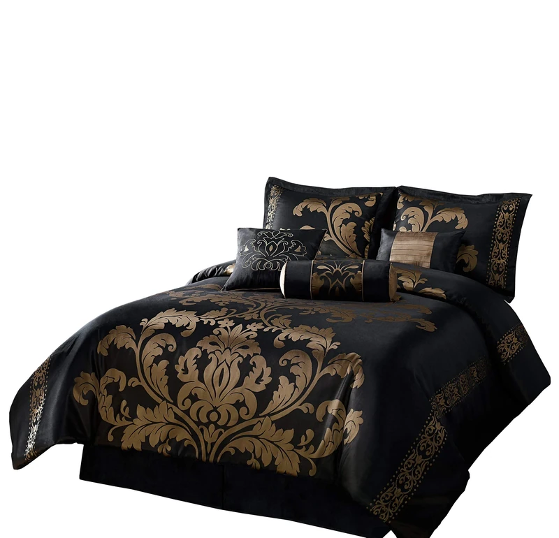 Chezmoi Collection 7-Piece Jacquard Floral Comforter Bed-in-a-Bag Set, Queen, Black Gold, Polyester