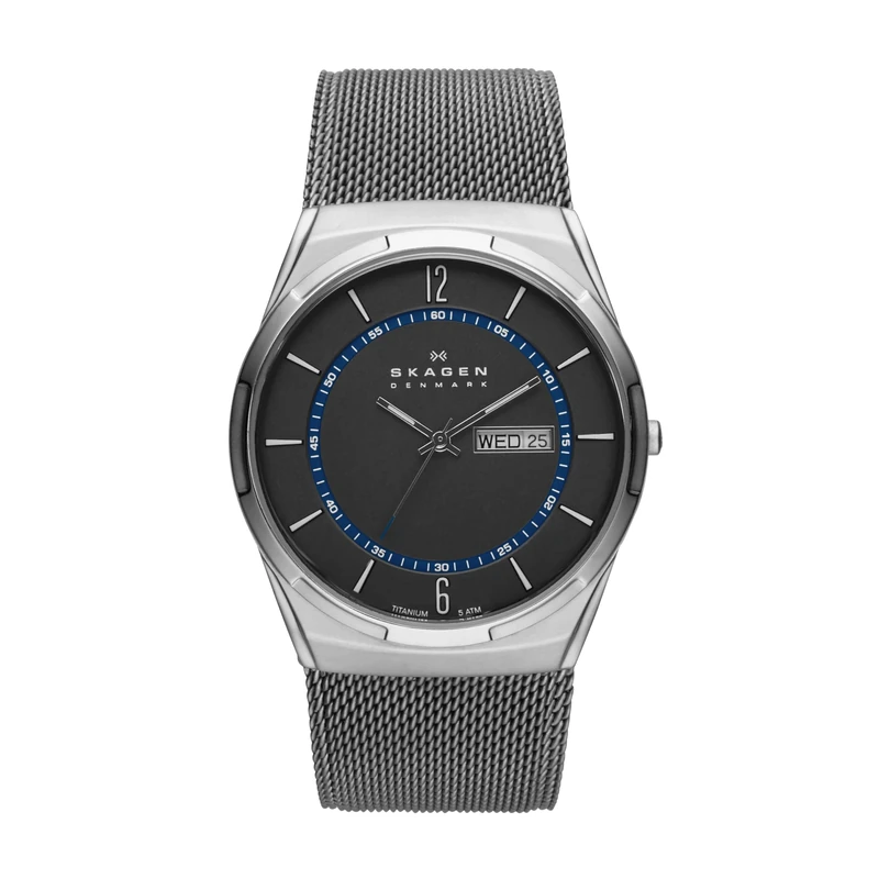 Skagen Watch for Men Melbye Titanium, Three Hand Day-Date Movement, 40 mm Silver Titanium Case with a Stainless Steel Mesh Strap, SKW6078