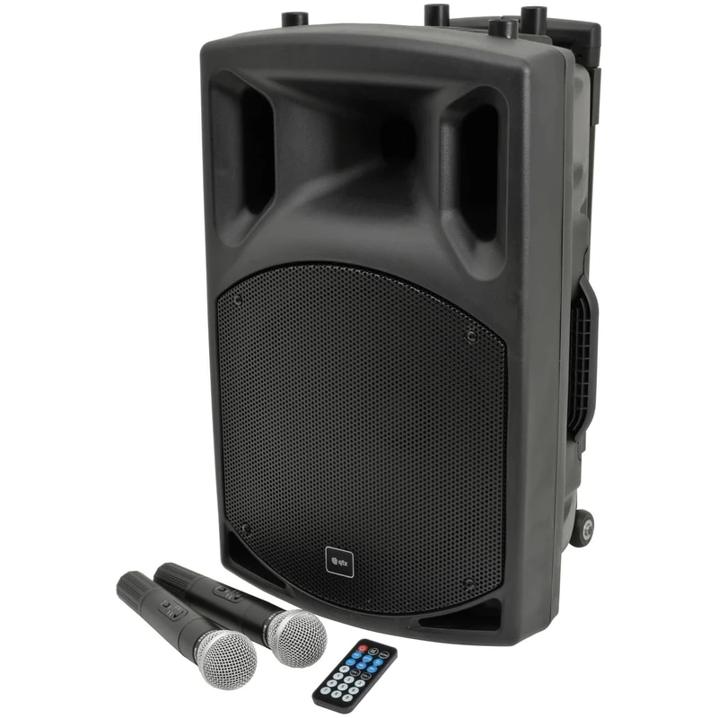 qtx | QX15PA Complete Portable PA System | 2 x Wireless Microphones & Media player with USB/SD/FM & Bluetooth Connectivity 178.856UK