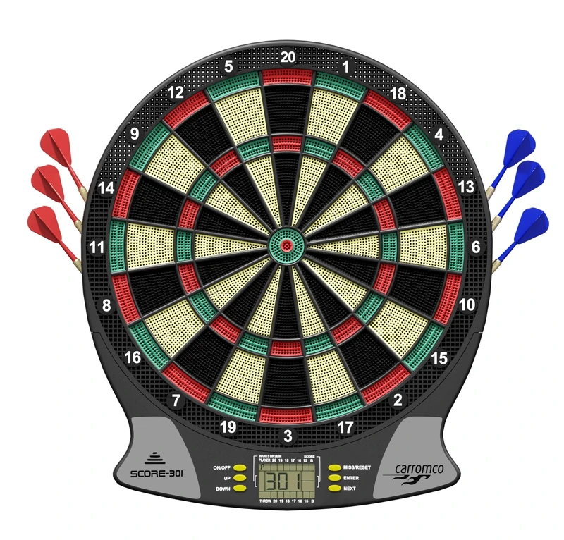 Carromco SCORE-301 Electronic Dartboard - 4 Hole Spacing Red/Green/Beige/Black, 26 Games & 523 Variants Including Cricket, for 1-8 Players, Battery Operated, Includes Arrows