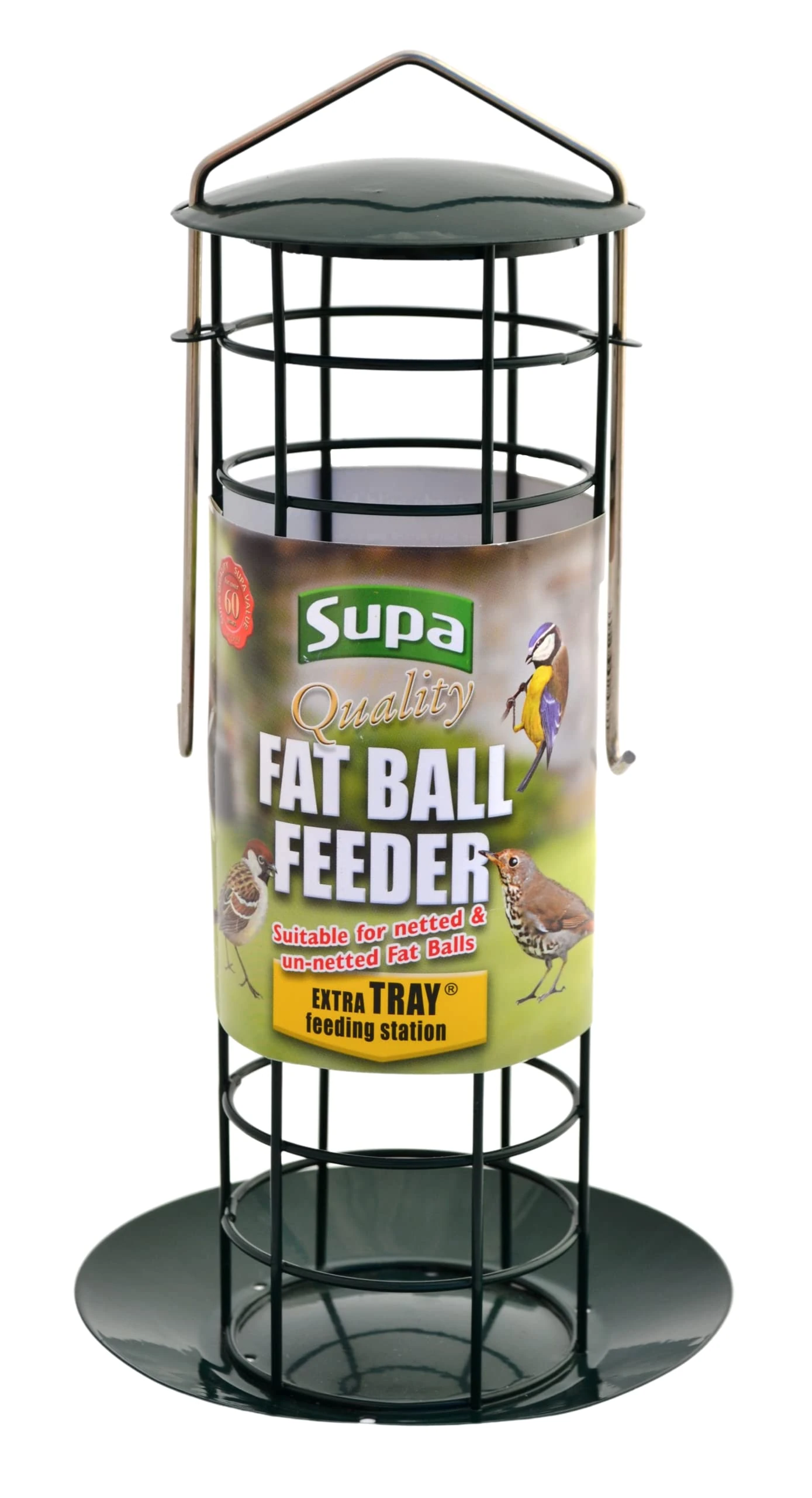 Supa Fat Ball Feeder & Tray Is Designed To Hold Both Netted And Un-netted Fat Balls. The Tray Acts Both As A Feeding Station And Also Stops Food From Falling On To The Ground Thus Discourages Vermin
