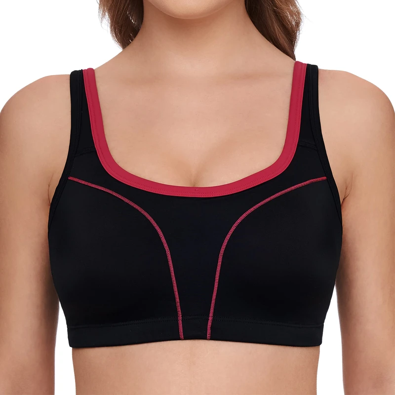 SUSA Women's High Support Sports Bra Without Underwire with Preformed Cups I Sports Crop Top Bra with Grey Border I Strong Hold I Sweat-Resistant, Black (Black-Pink), 34C