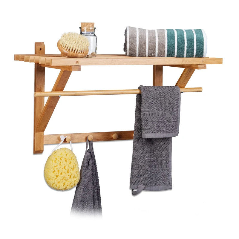 Relaxdays Wall Coat Rack With 4 Hooks, Bamboo, 40 X 60 X 35 cm, Towel Hooks with Bathroom Shelf, Natural Brown