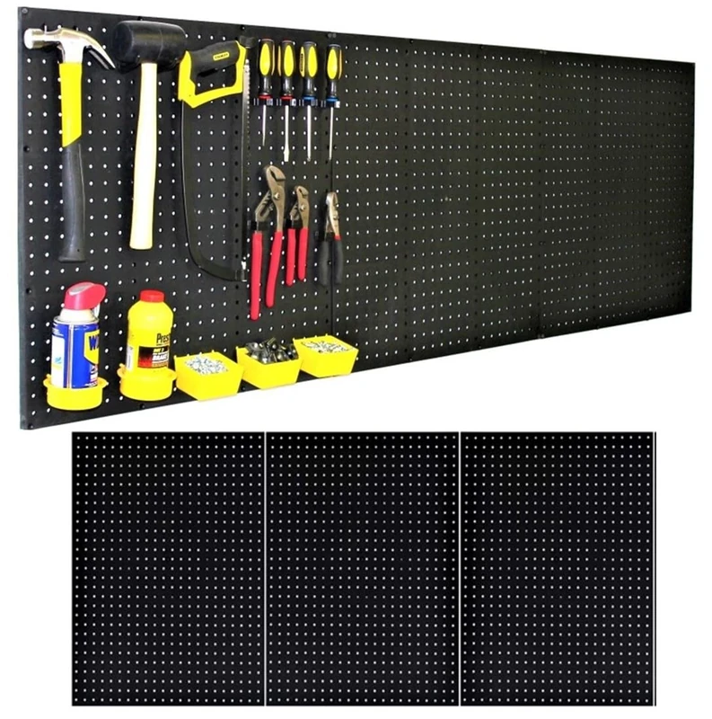 WallPeg Made in USA - Nerf Gun Pegboard Wall Organizer 3 ea 24"x16" Pegboard Panels - 72” Wide - Kit P-202 B Garage Organization for Workbench Tool Storage Organizer Black Tuff Poly-Plastic