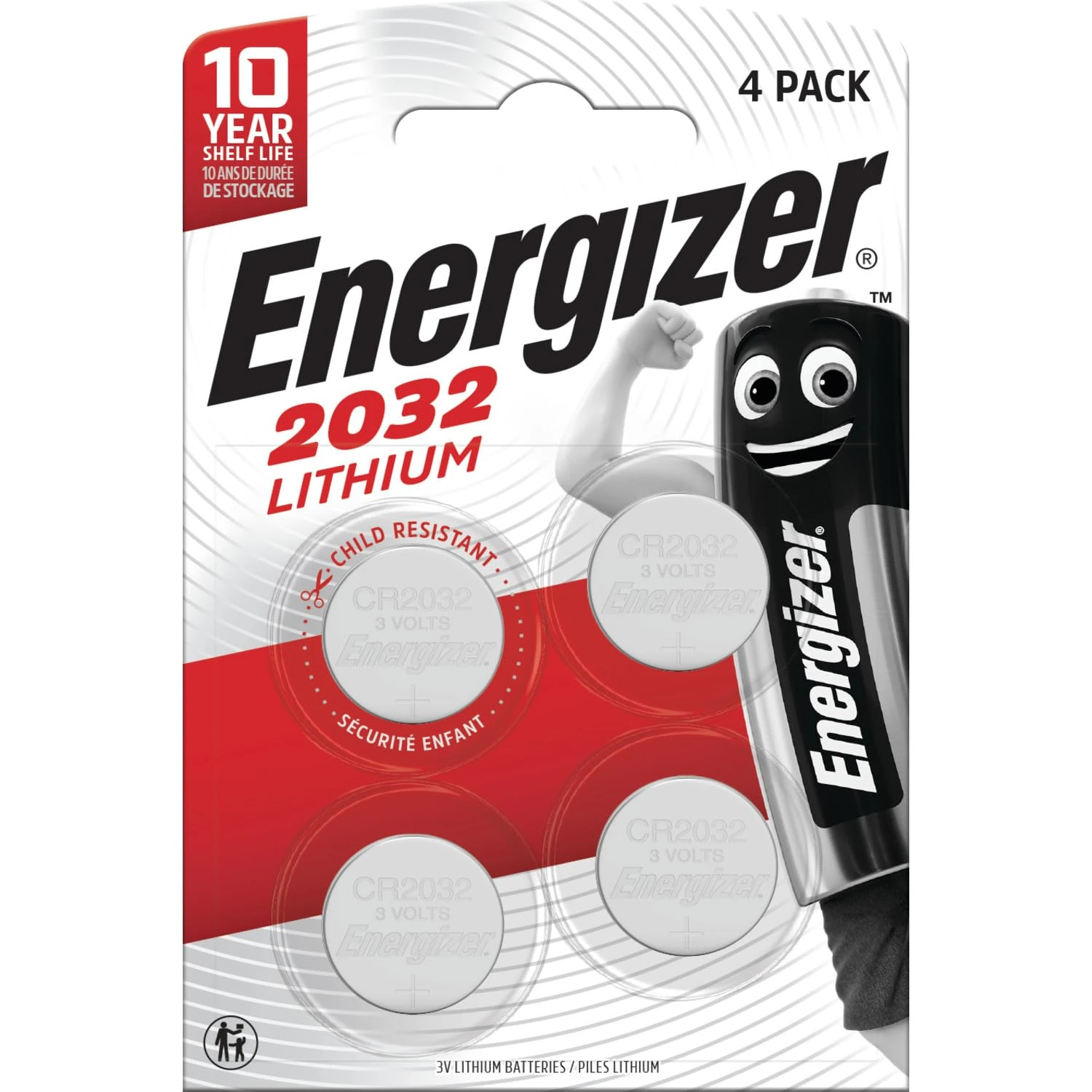 Energizer CR2032 Batteries (4 Pack) - Lithium 3V Coin Battery - AirTags, Car Key Fobs, Watches, Home/Medical/Fitness Devices - 10 Year Shelf Life - Child Resistant Packaging