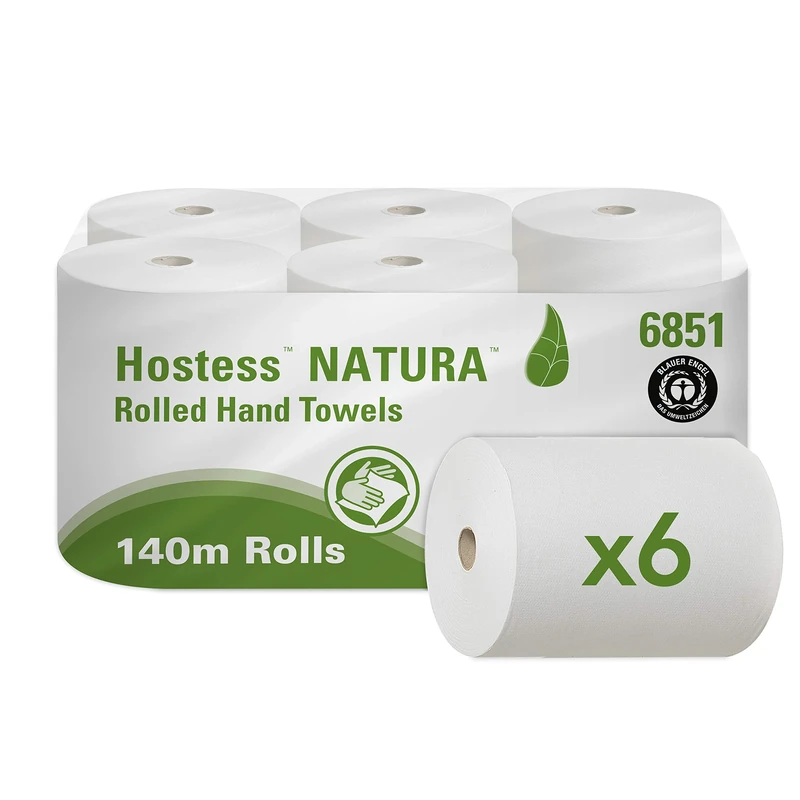 Hostess NATURA 100% Recycled Paper Towels 6851 - 2 Ply Rolled Paper Towels - 6 x 140m Hand Towel Rolls (840m total)