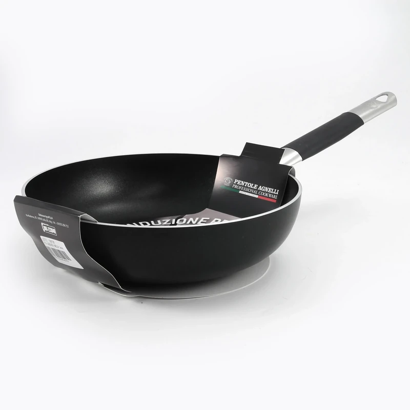Pentole Agnelli Aluminium 3 Mm. Thick Fondo Induction Black Straight Frying Pan With Cool Handle, Diameter 24 Cm.