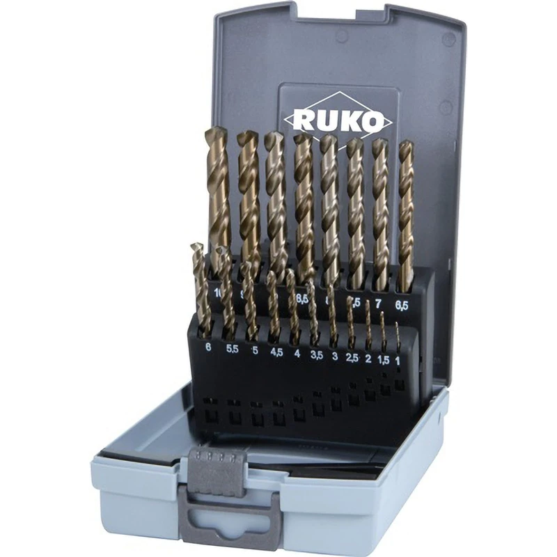 RUKO HSSE-Co 5 Twist Drill Bit Set in Plastic Case, DIN 338, Type VA, Gold Finish, 19 Pieces, R215214RO