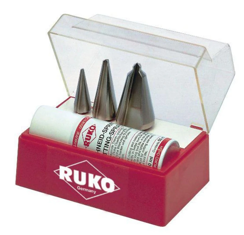 RUKO HSS Tube and Sheet Drill Bit Set with 1 Cutting Spray 50ml in Polystyrene Case, Bright Finish, 4 Pieces, R101009 - Image 1