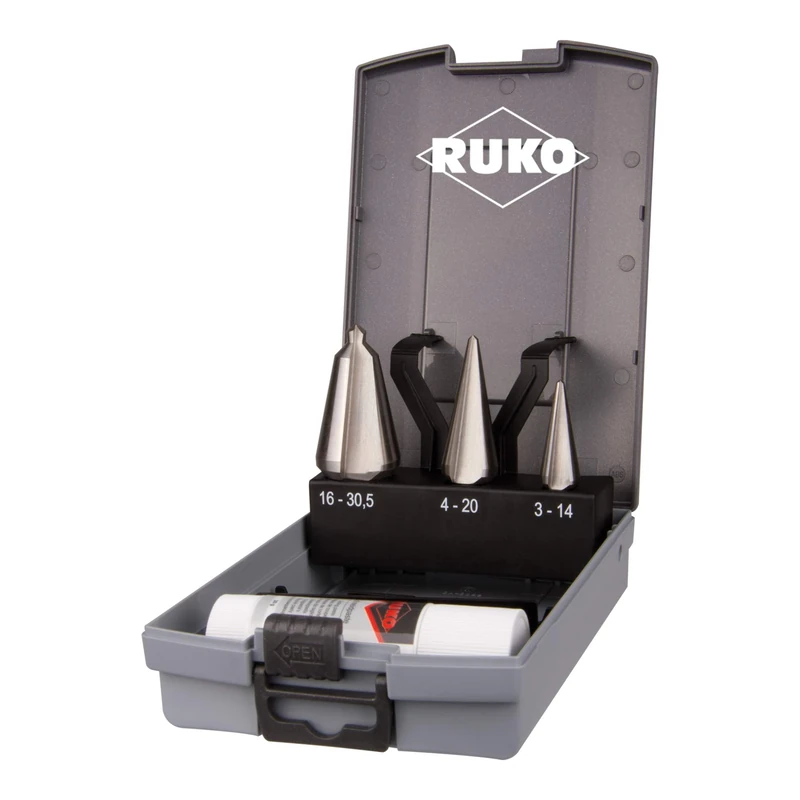 RUKO HSS Tube and Sheet Drill Bit Set with 1 Cutting Paste 30g in Plastic Case, Bright Finish, 4 Pieces, R101020RO
