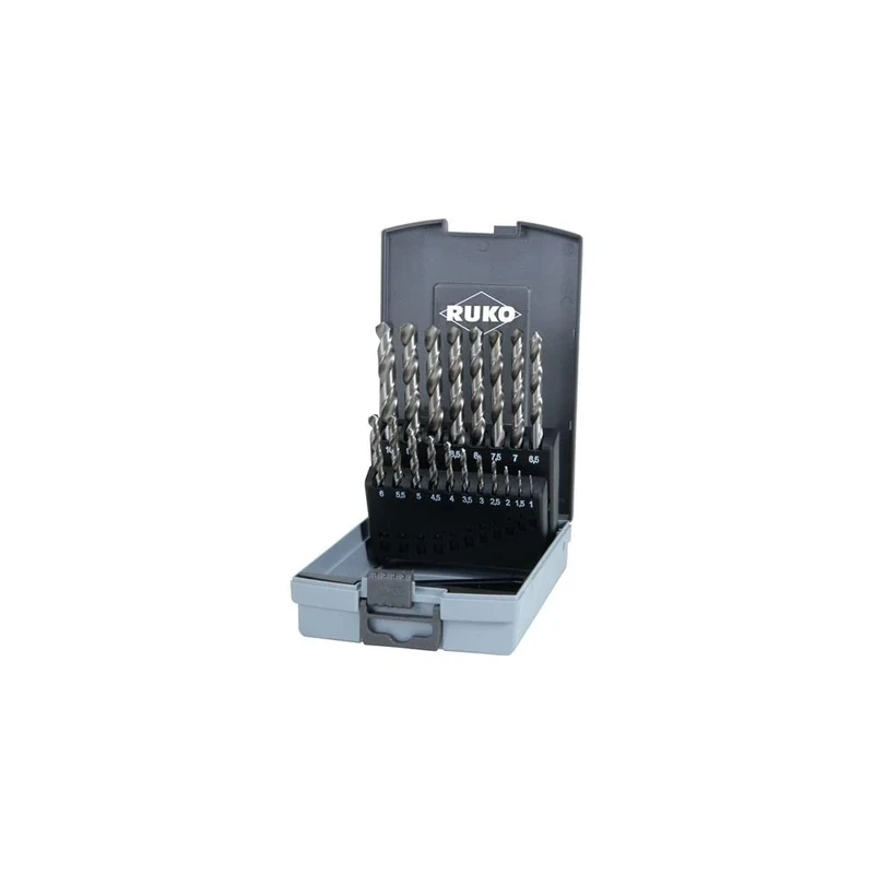 RUKO HSS-G Twist Drill Bit Set in Plastic Case, DIN 338, Type N, Bright Finish, 19 Pieces, R214214RO