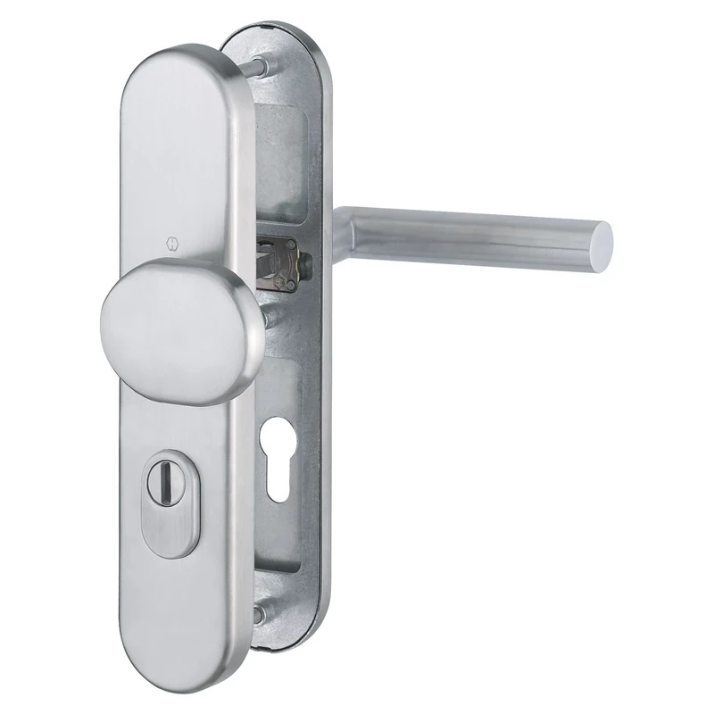 HOPPE 3662149 Safety Interchangeable Fitting Amsterdam on Long Plate PZ72, Door Thickness 42-47 mm, with Core Pulling Protection, Matte Stainless Steel