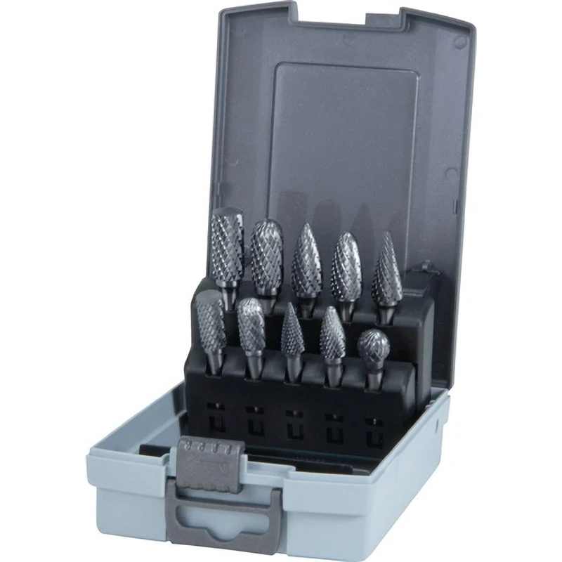 RUKO Tungsten Carbide Rotary Burr Set in Plastic Case, Bright Finish, 10 Pieces, R116003RO