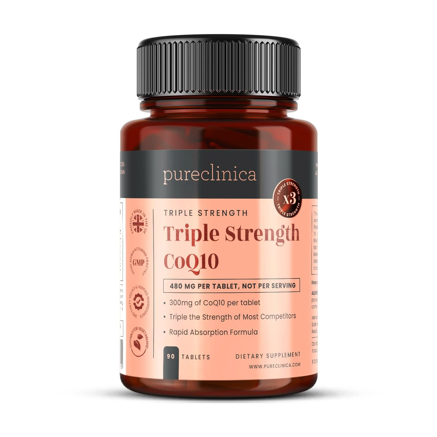 Fermented CoQ10 300mg x 90 Tablets. Non GMO, USP Grade. with Added Vitamin C and Black Pepper Extract for Absorption.