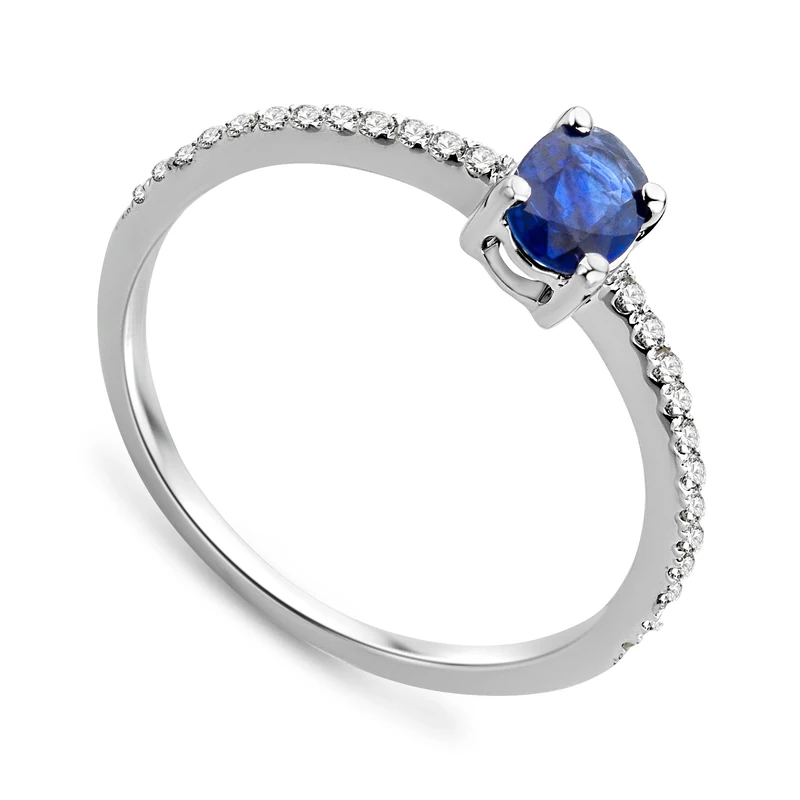 Miore 9ct White Gold Blue Sapphire and Diamond Shoulder Set Engagement Ring SA986R - Size P