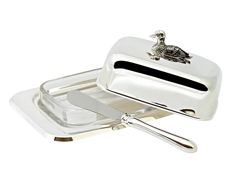 EDZARD Duck Butter Dish, 13 x 18 cm, Holds 250 g Butter, Silver, Tarnish-Resistant, with Glass Bowl Insert, Including Butter Spreader - Image 1