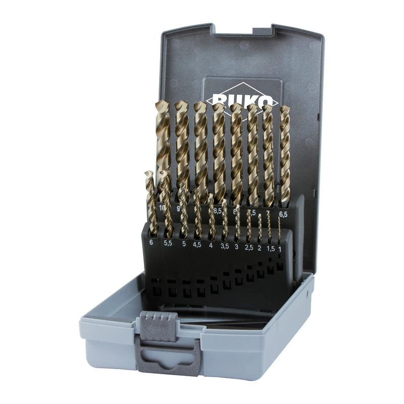 RUKO HSSE-Co 5 Twist Drill Bit Set in Plastic Case, DIN 338, Type UNI, Gold/Black Finish, 19 Pieces, R228214RO