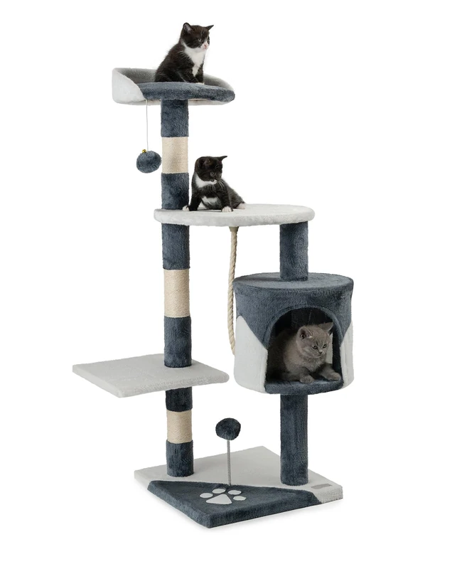 lionto Scratching tree for cats with 2 plush balls & play rope, height 112 cm, cat tree with sisal rope & plush, cozy lying area & cave, incl. wall mount, for small & large cats, grey/white