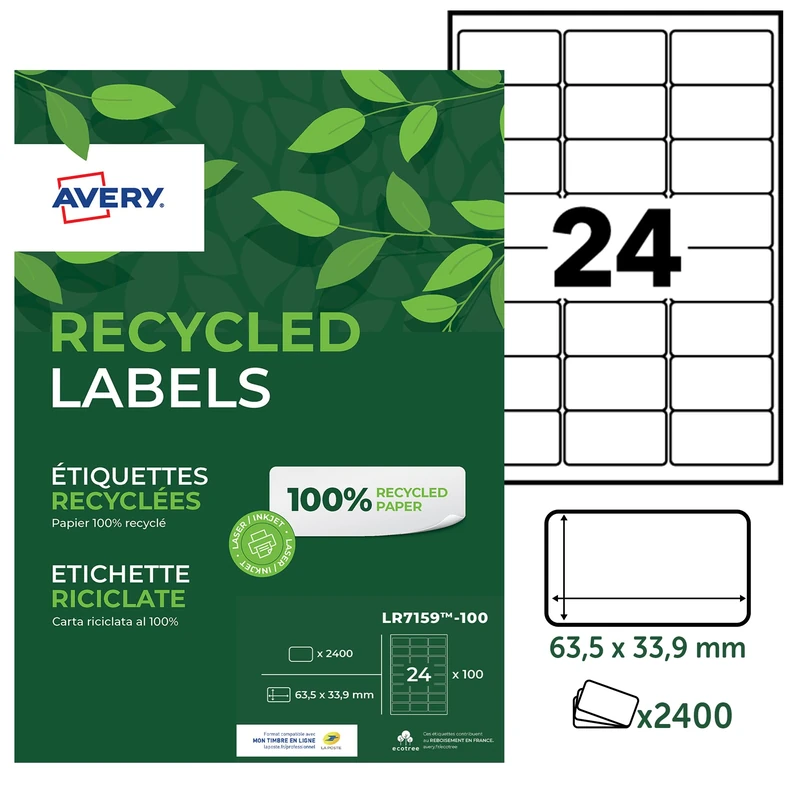 Avery 100% Recycled Adhesive Labels 63.5 x 33.9 mm White