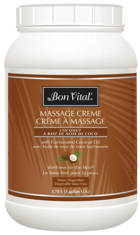 Bon Vital' Coconut Massage Crème Made with 100% Pure Fractionated Coconut Oil, Used in Any Massage to Repair and Moisturize Dry Skin, No Greasy Feel, Protects From Premature Aging, 1 Gallon Jar