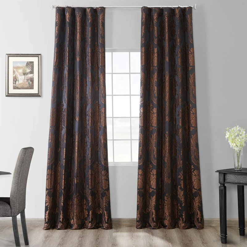 HPD Half Price Drapes Designer Damask Curtains for Room Decoration 120 Inches Long Faux Silk Room Darkening Curtains (1 Panel), 50W x 120L, Black & Cognac