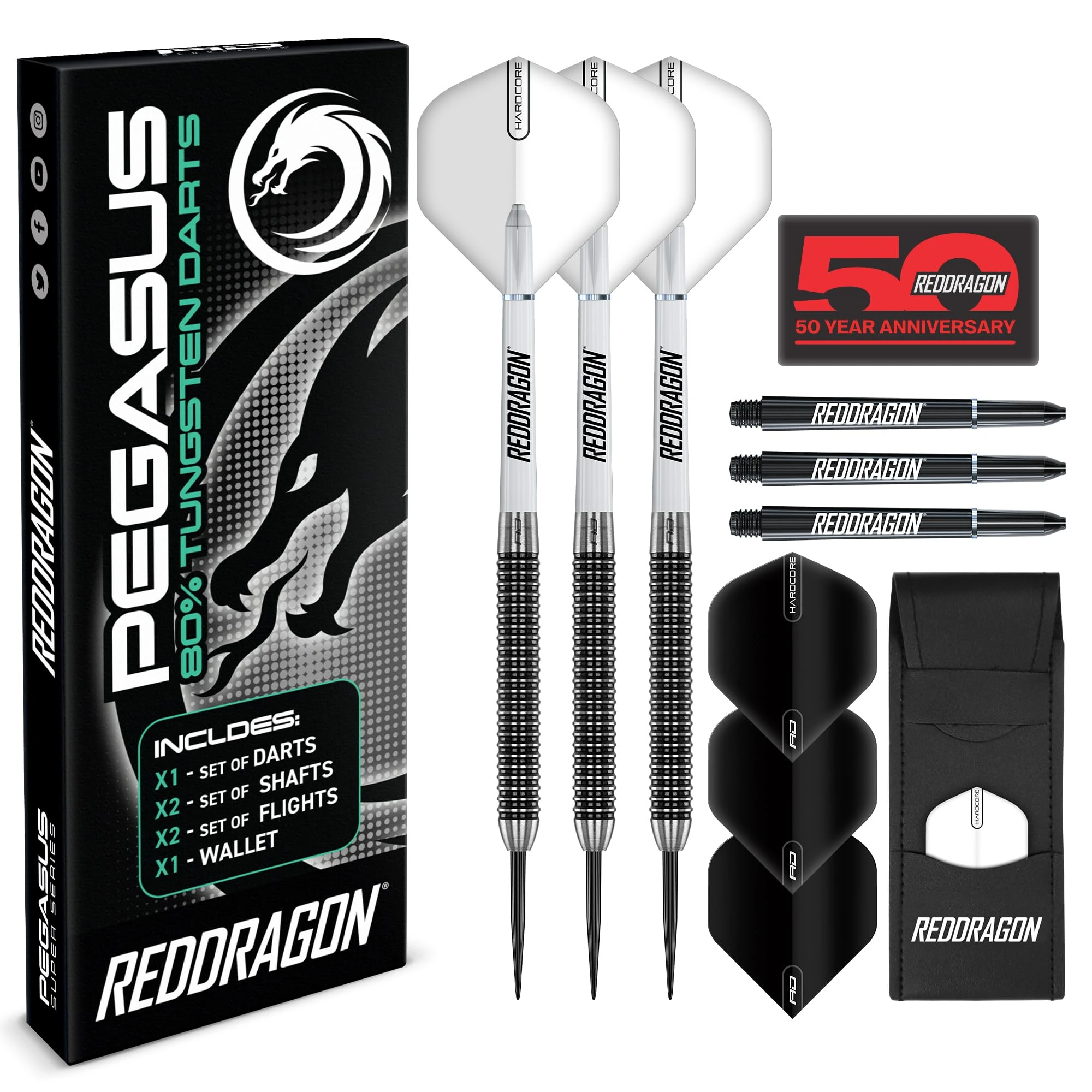 RED DRAGON Pegasus 24 Gram Professional Tungsten Steeltip Darts Set with Flights, Stems (Shafts) and Wallet