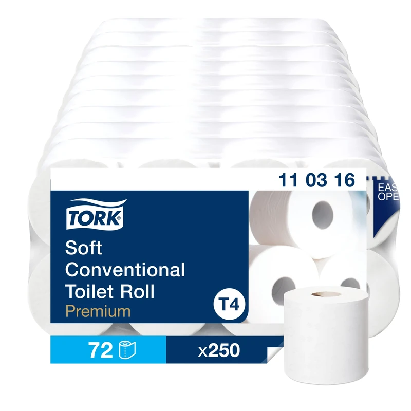 Tork 110316 extra soft toilet rolls T4 / Soft 3-ply tissue rolls compatible with Tork T4 conventional toilet system, 9 packs of 8 rolls (72 rolls, 250 sheets each) white,72 x 250 Blatt