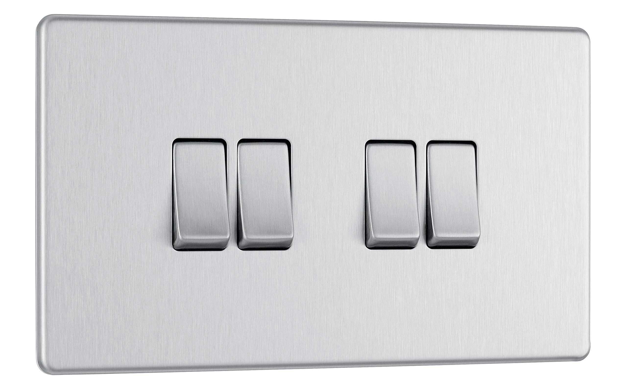 BG Electrical Quadruple Wall Light Switch, 2 Way, Screwless Front Plate, Slim Profile, Premium Flatplate, Brushed Steel, 20A, 16AX, FBS44
